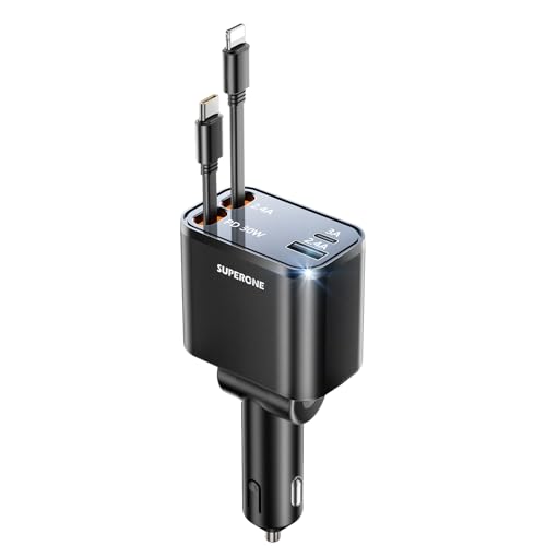 STHIRA Car Charger 4 in 1 PD 30W Car Fast Charger with Dual Retractable Charging Cable Design 180 Degree Rotation Car Mobile Charger Universal Car Charger with Cable for Phone, Tablet, GPS STHIRA Car Charger 4 in 1 PD 30W Car Fast Charger with Dual Retractable Charging Cable Design 180 Degree Rotation Car Mobile Charger Universal Car Charger with Cable for Phone, Tablet, GPS